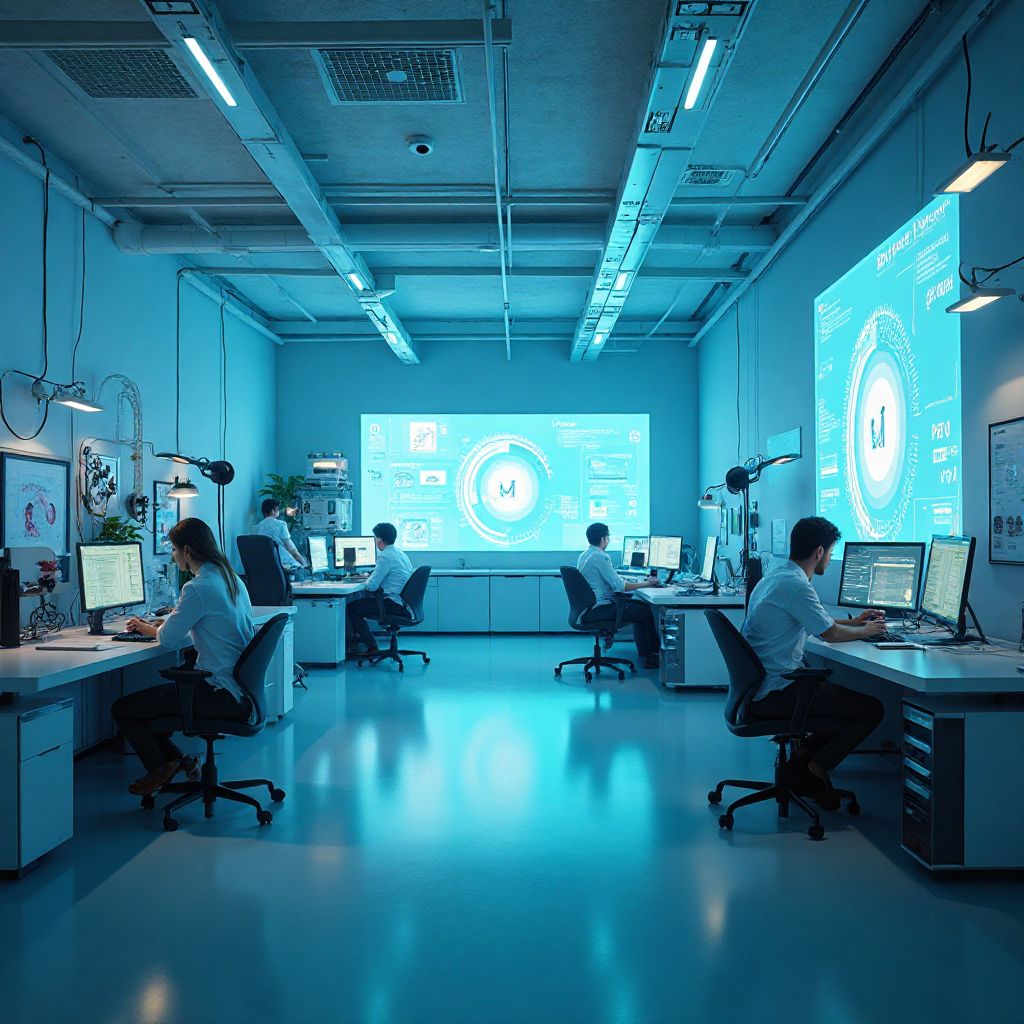 Laboratorio di ricerca IA con ricercatori al lavoro